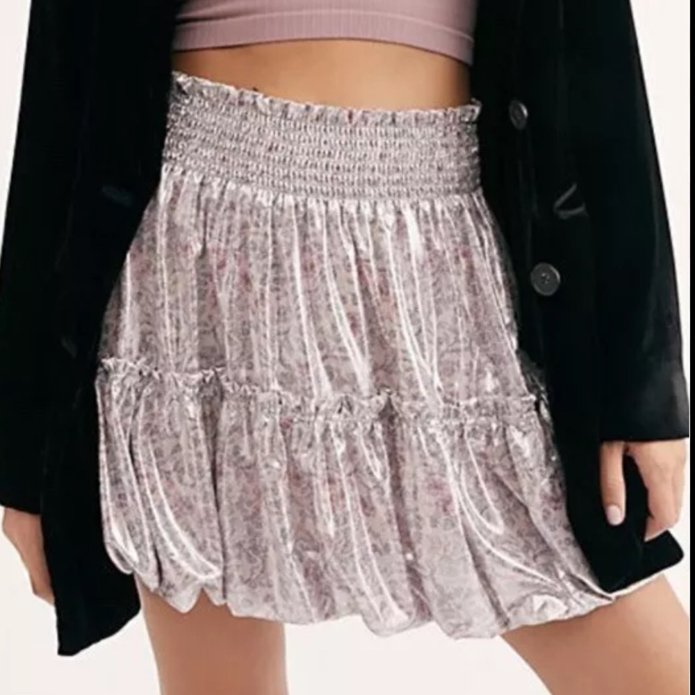 Free People In A Bubble Metallic Shiny Tiered Lavender Mini Skirt
